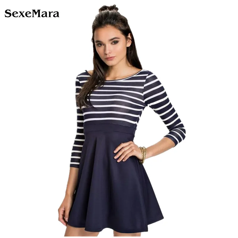 Женское мини платье SexeMara осеннее в полоску с длинным рукавом|fit and flare|vestidos fdress