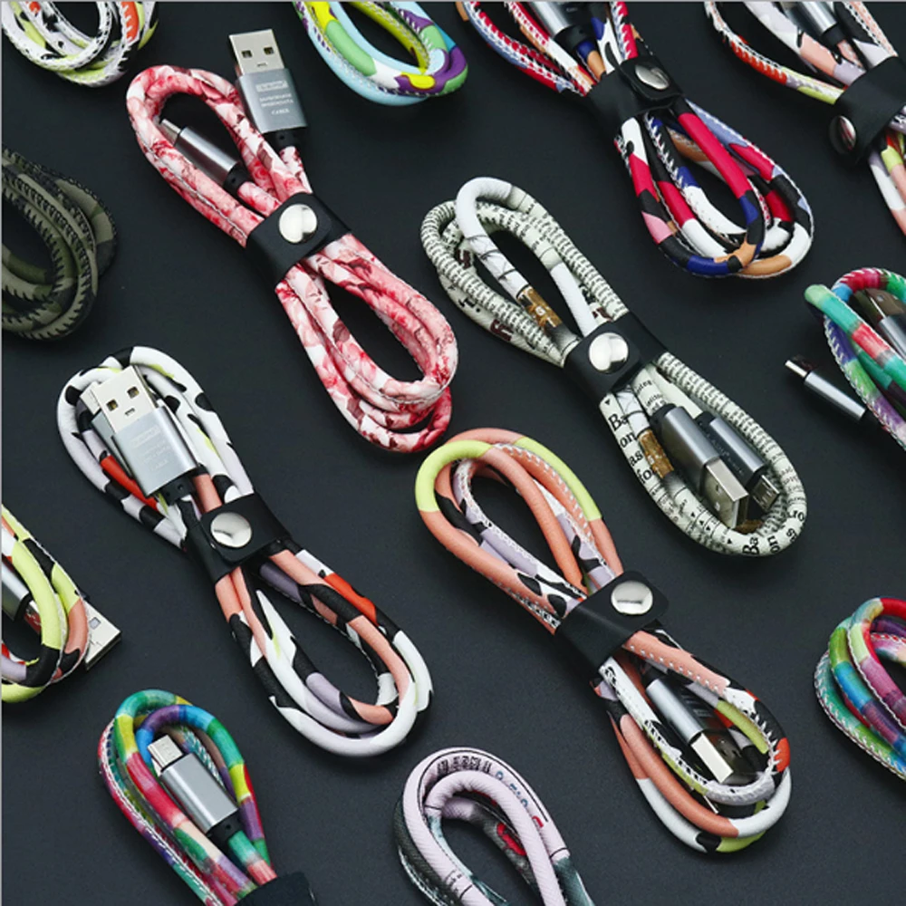 

10pcs Leather colorful Micro USB type-C Cable 8 pin For iPh Fast Data Charging Charger Wire Cord for xiaomi Mobile Phone