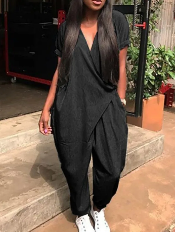 Women Button Pocket Decor Ladies Bandage Jumpsuits Sexy Deep V Short Sleeve Solid Color Regular Jumpsuits Women Button Pocket Decor Ladies Bandage Jumpsuits Sexy Deep V Short Sleeve Solid Color Regular Jumpsuits