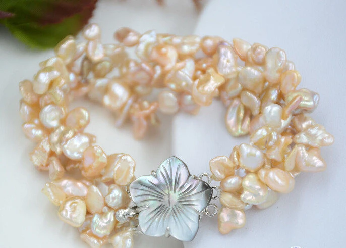 

Hot sell ->@@ 0805 4row 8" pink lamina BAROQUE KESHI REBORN PEARL bracelet -Top quality free shipping