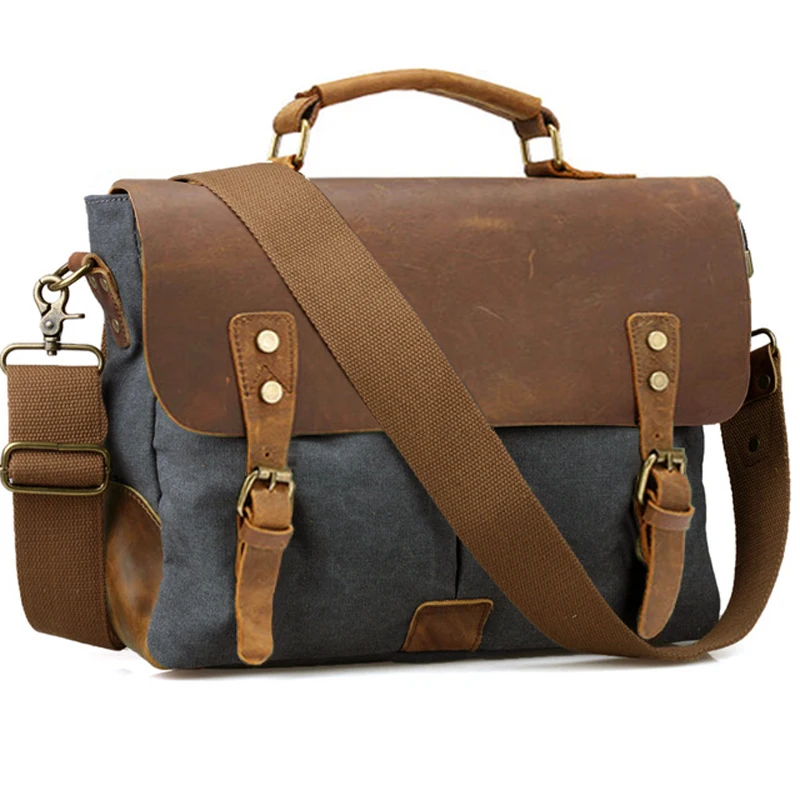 Vintage Leather + Canvas men briefcase Business bag Portfolio men office bag male canvas ...