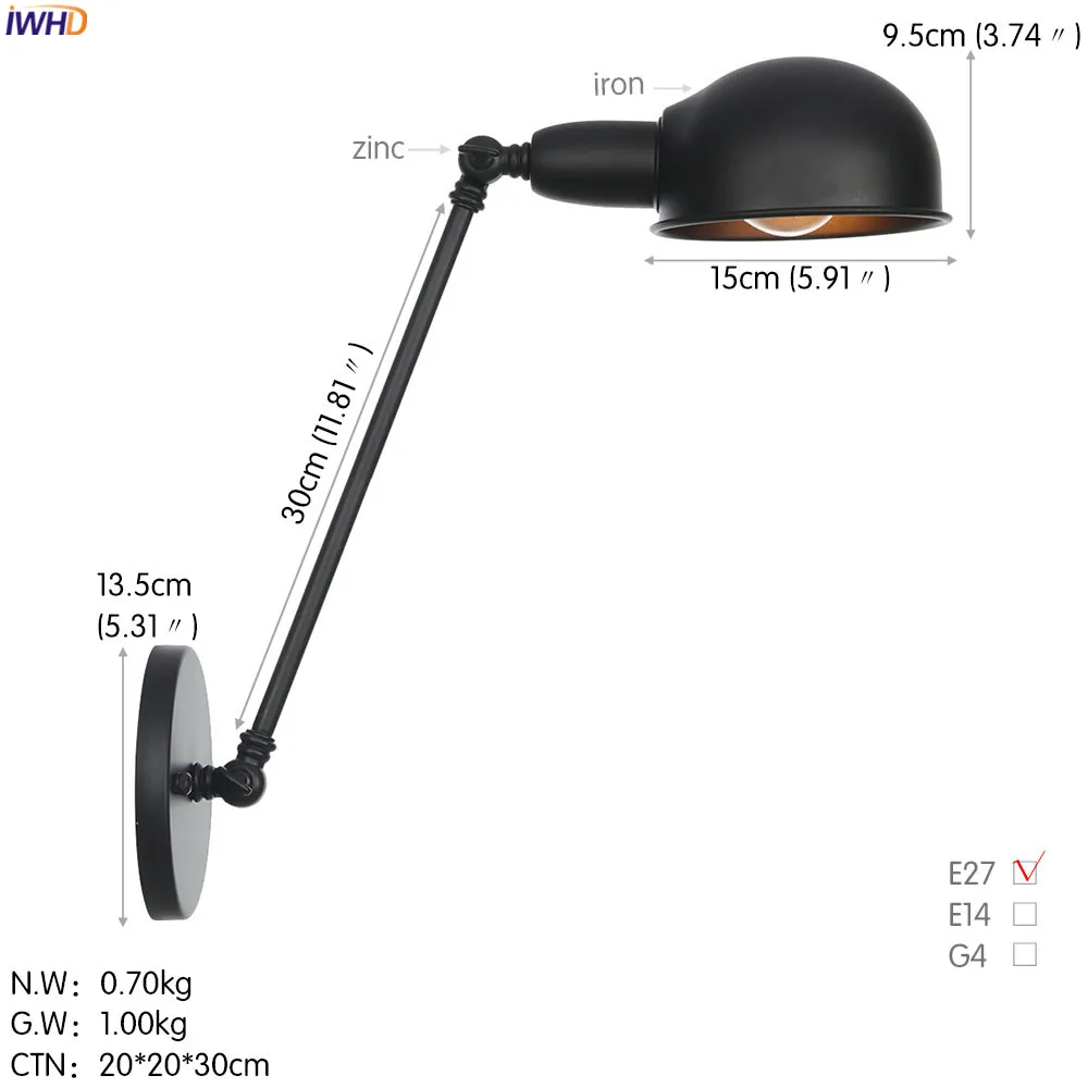 IWHD Лофт промышленный Ретро крепеж для настенных светильников ванная комната спальня рядом с лампой винтажный настенный светильник светодиодный светильник - Цвет абажура: Black