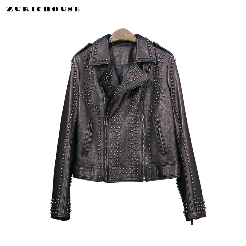 

Real Sheepskin Jacket Women 2019 Streetwear Black Short Motorcycle Leather Jacket Top Quality Fancy Rivet Genuine Leather Jacket
