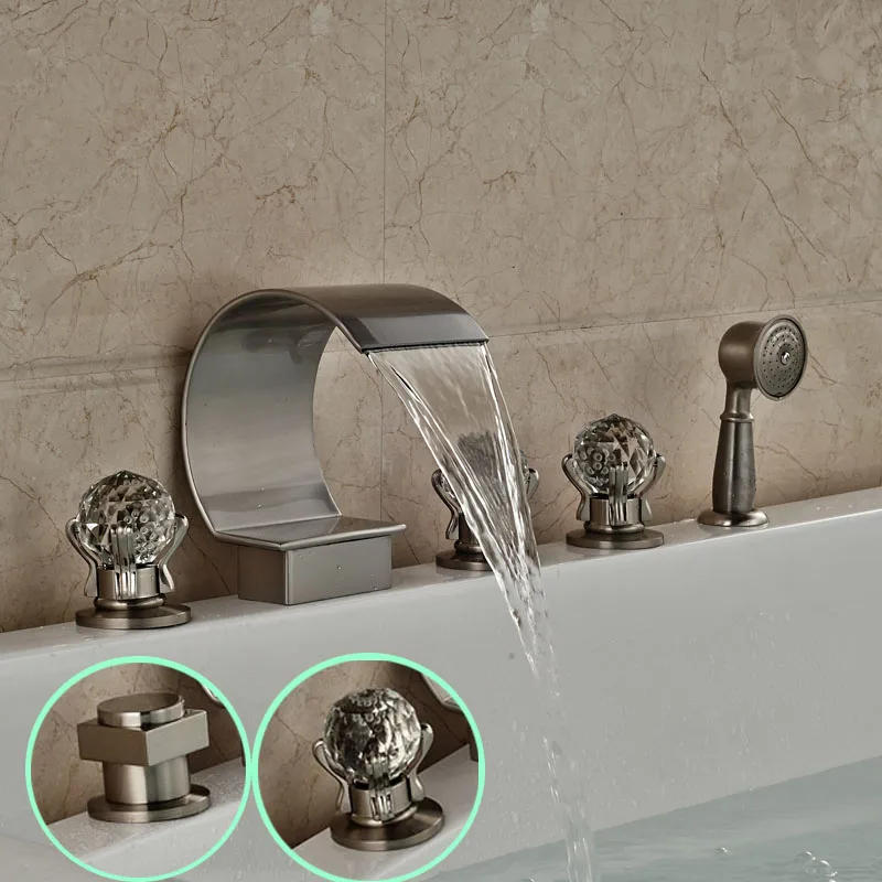 

Brushed NiIckel Waterfall Bathtub Faucet Widespread Tub Mixer Tap with Pull Out Handshower