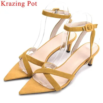 

Large size young girls buckle strap sandals peep toe stiletto high heels full grain leather sexy nightclub gladiator shoes L79