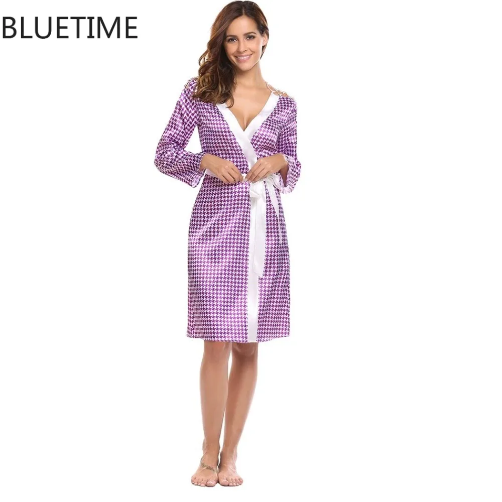 Women Satin Sexy Robe Long Sleeve Print Bathrobe Cut Off Shoulder Night