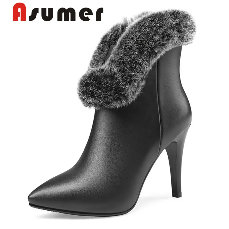 

ASUMER 2020 NEW winter fur boots solid high quality ankle boots for women pointed toe thin heels genuine leather boots size34-39