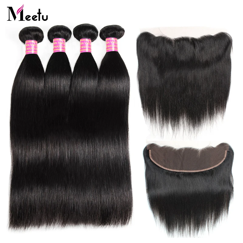 

Meetu Malaysian Straight Hair Bundles with Fronta Closure 4 Bundles with Frontal 100% Human Hair Bundles with Frontal Non Remy