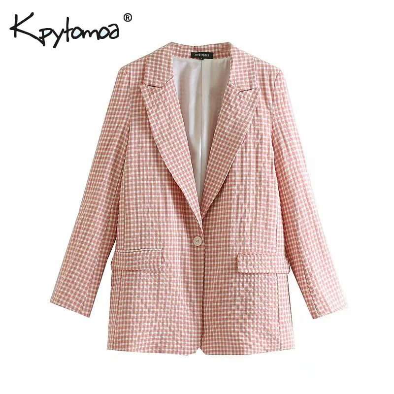 Vintage Plaid Buttons OL Blazers Coat Women 2019 Fashion