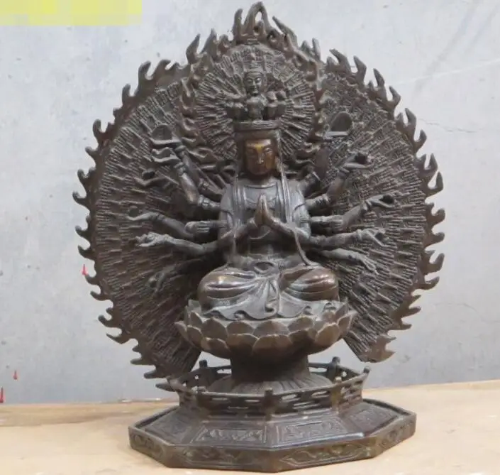 

S04041 Tibet red Bronze 7 Head Guanyin Buddha 18-Arm kwan yin Backlight Avalokitesvara=