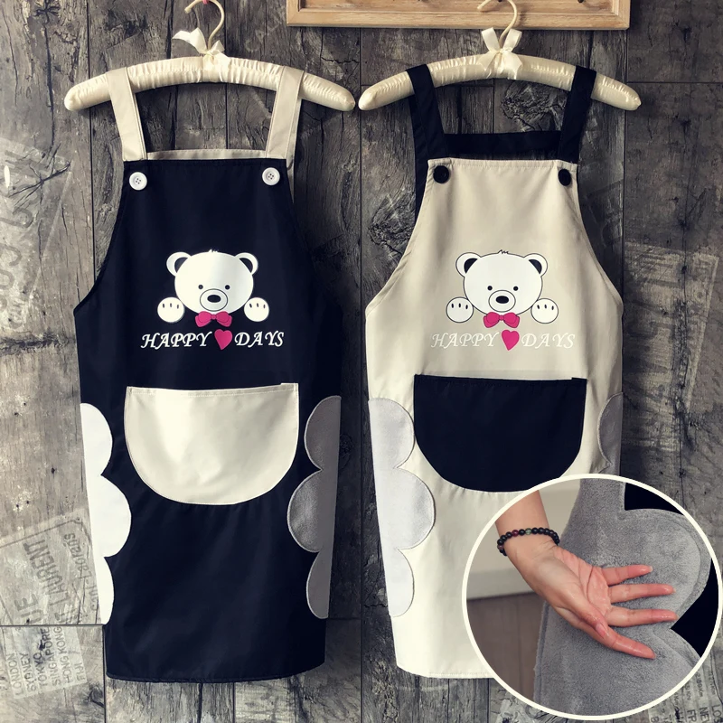 Apron for Women with Hand Wipe Towel Cute Bear Funny Kitchen Apron with Big Pocket Couple Cooking Apron Baking Gardening BBQ