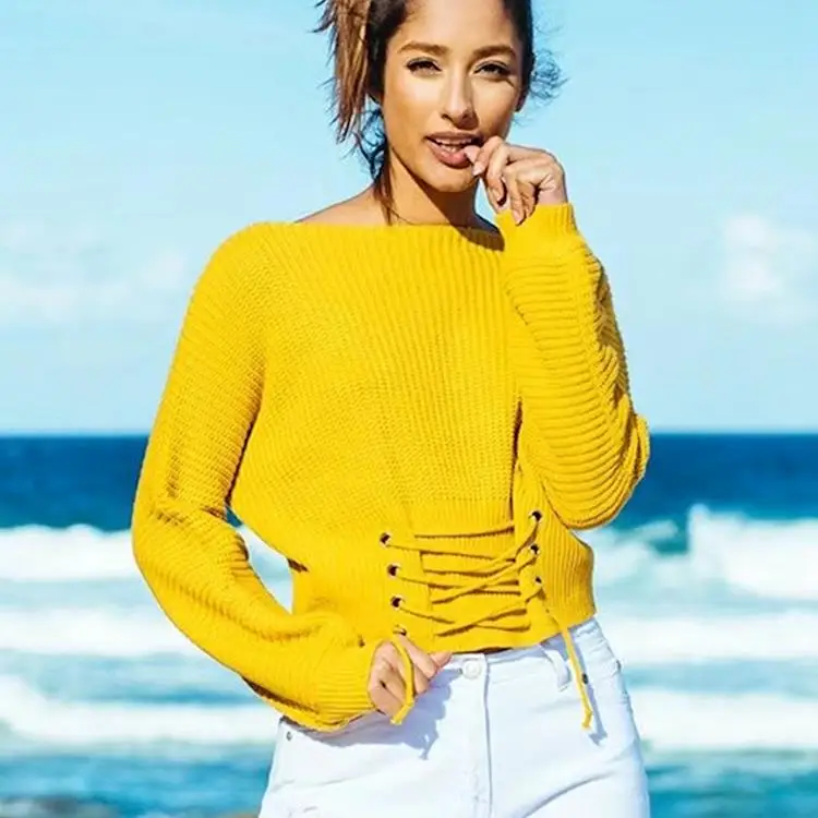 

fashion Autumn Winter Knitted Sweater Women Solid Casual Long Sleeve Pullovers Lace Up Tunic Waist Sweater Tops Pull Femme hiver