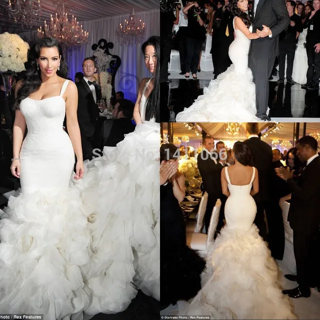 Custom Kim Kardashian Mermaid Wedding Dress 2017 Y White Satin Custom Kim Kardashian Mermaid Wedding Dress 2017 Y White Satin Bodice Cascading Ruffles Organza Long Train
