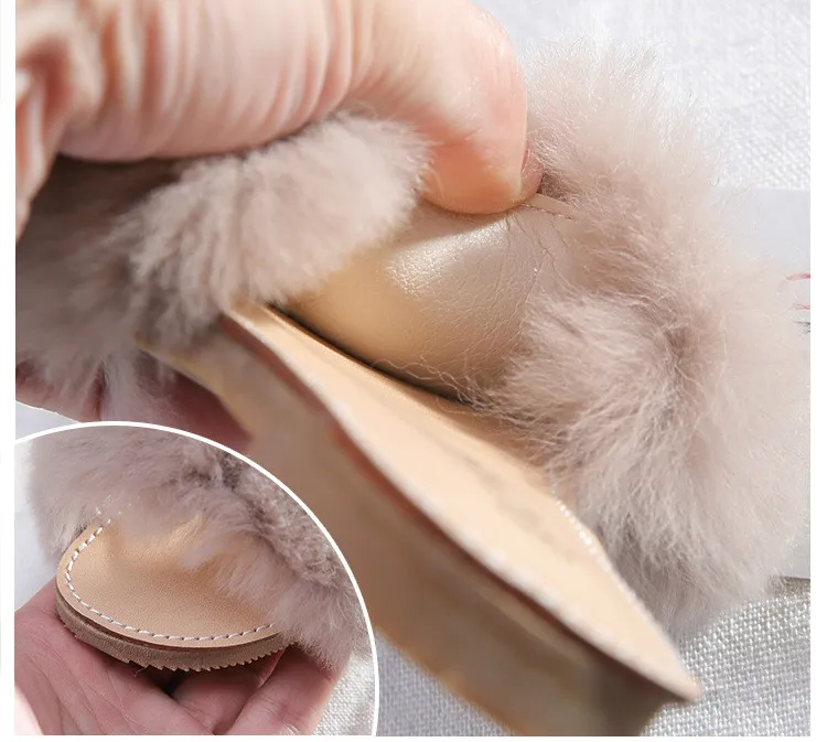 New Spring Plush Slippers Girls Slippers Real Rabbit Fur Shoes Open Toe Slippers All-match Childrens Shoes Summer Home Slippers