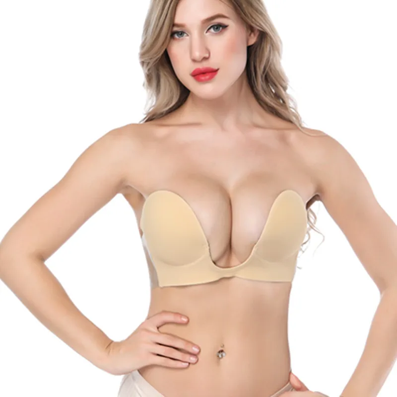 

New Deep U Silicone Push Up Bra Wire Free Underwear Solid Color Breathable Nipple Cover