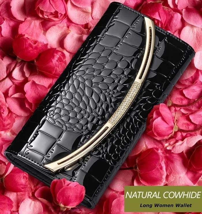 Fashion Genuine Leather Wallet Women Luxury Alligator Design Gold Leather Female Purse Clutch Bag Lady Wallets Long Wallet