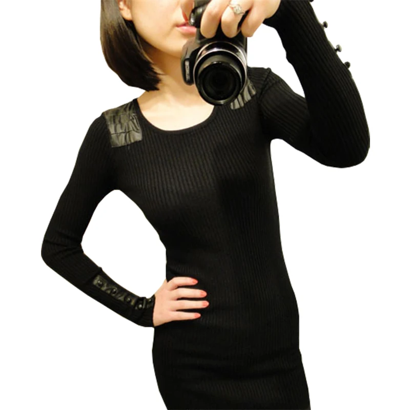 Spring Fall Winter Knit Sweater Women New Korean Leather Shoulders Long Pullover Slim Package Hip Wild Bottoming Vestidos LXJ075 | Женская