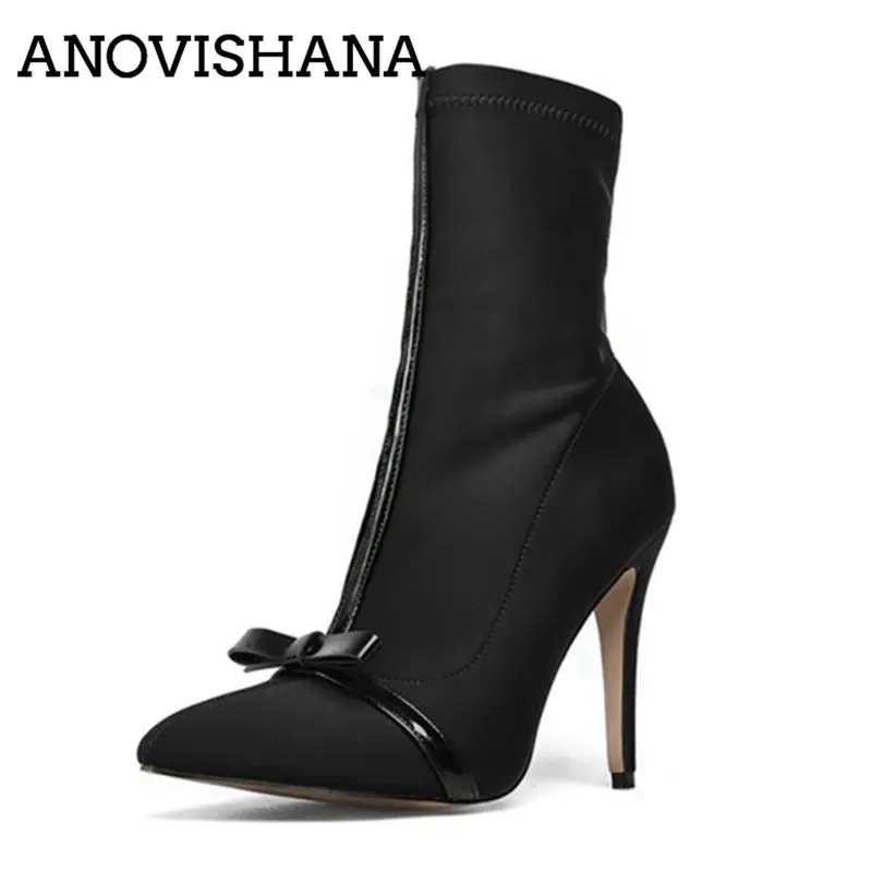

ANOVISHANA 2019 Pointed toe Thin high heels Stretch fabric Zipper Ankle Sock short Boots Bowtie Cute Black size 35-41 10 E110