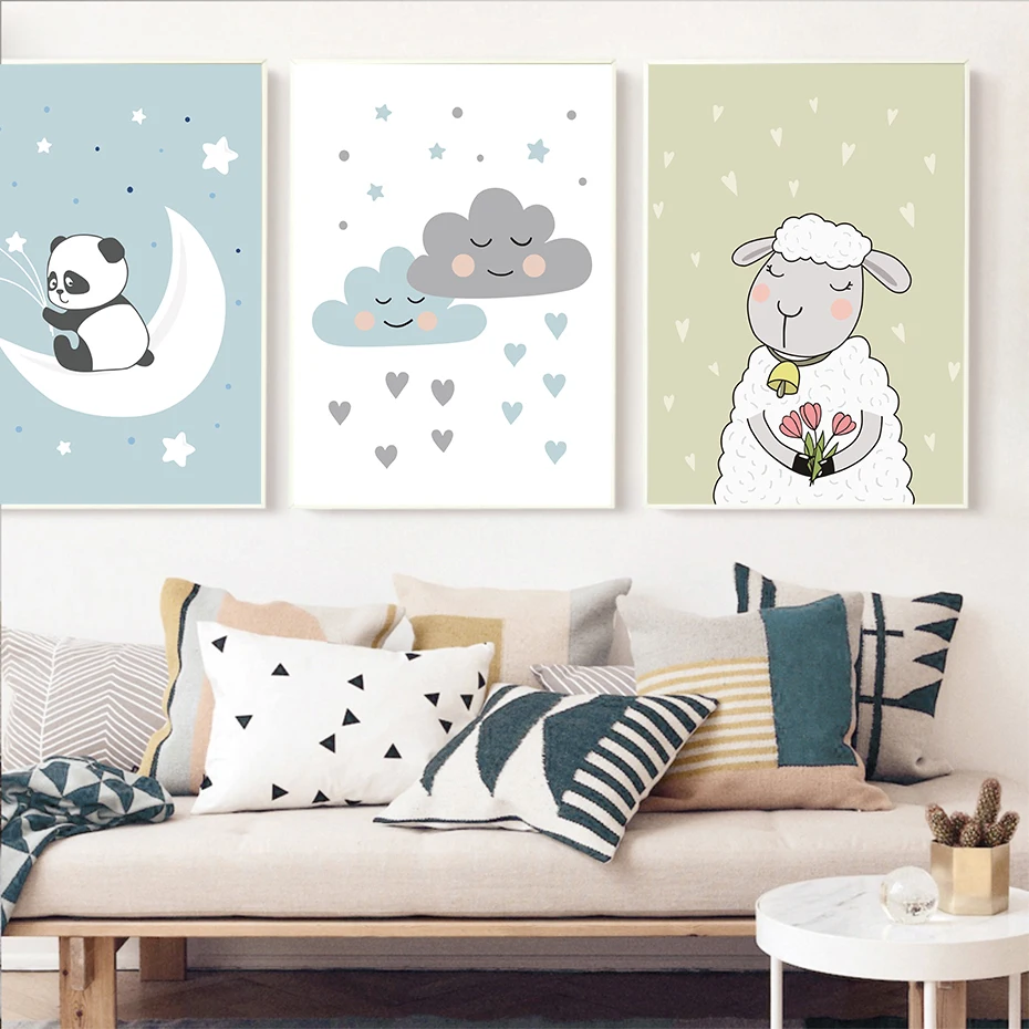 Panda Sheep Clouds Wall Art Lovely Cartoon Posters&Prints Nursery Canvas Painting For Kids Room Wall Mural Decor Christmas Gift (3)