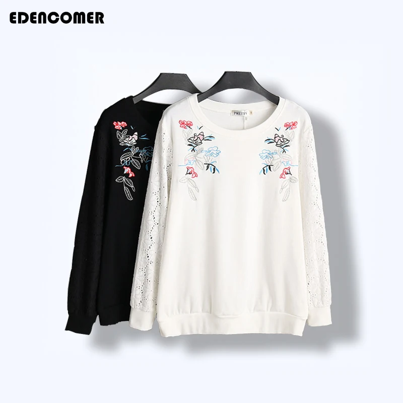 

Spring 2017 New Large Size Women Embroidery Sweatshirt Hollow Plus Size Black White Pullover Sweatshirts Felpa Donna