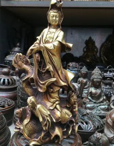 

Free Shipping 22cm Royal Chinese Bronze Gilt Dragon Kwan-Yin Quan Yin Guan Yin Goddess Statue