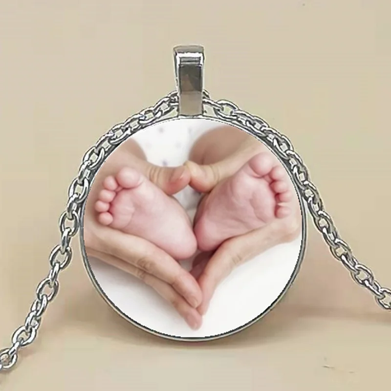 

Mother's hand and baby feet shine Tibet silver convex round glass pendant chain necklace, DIY