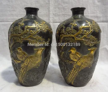 

xd 0023 8" Chinese Bronze Gilt 2 Magpie Bird Pine Tree Statue HanZi Flower Pot Vase Pair