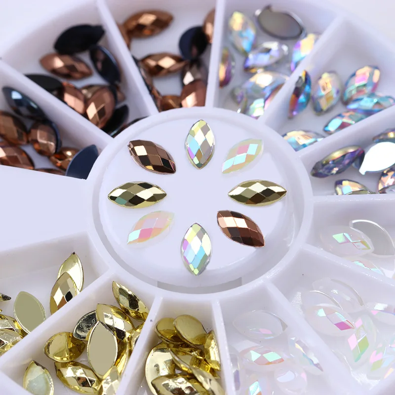 

1 Box Opal Marquise AB Color Nail Rhinestone Colorful Resin 3D Flat Back Nail Art Decoration in Wheel For UV Gel Polish