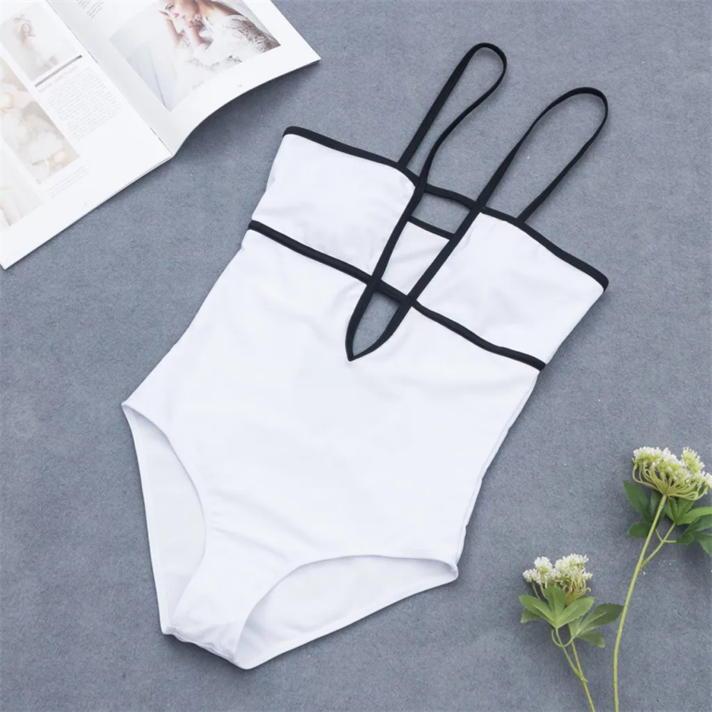 Womail One-Piece Suit 2019 Summer Mid Waist Swimsuit  Fashion Women Line Print One-Piece Bikini Swimwear Bathing Beachwear W3041