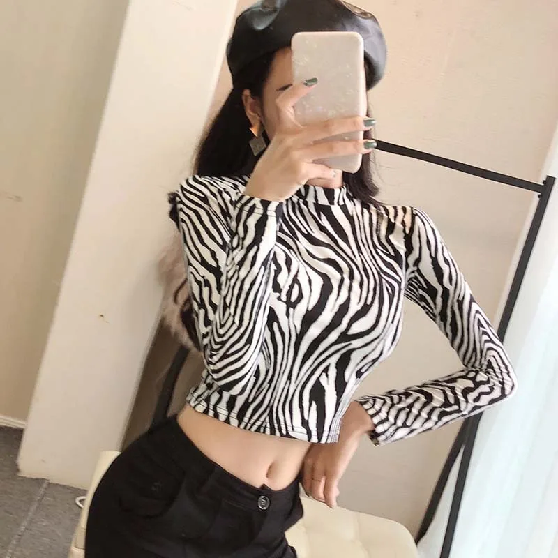 Новинка, модная сексуальная высокая уличная женская рубашка с принтом зебры и леопарда, Женская водолазка с длинным рукавом, стрейчевый женский топ с принтом зебры