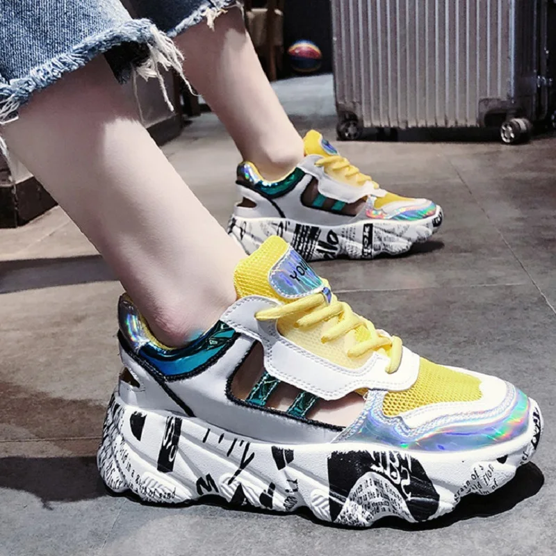 Hollow summer net shoes 2019 spring single shoes wild mesh breathable laser old shoes