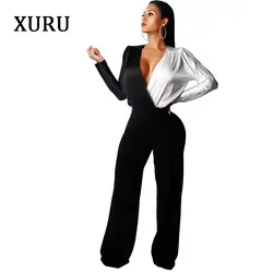 XURU Сексуальная V шеи Лоскутная комбинезоны осень с длинным рукавом из двух частей комплект широкими штанинами Модные женские Повседневное