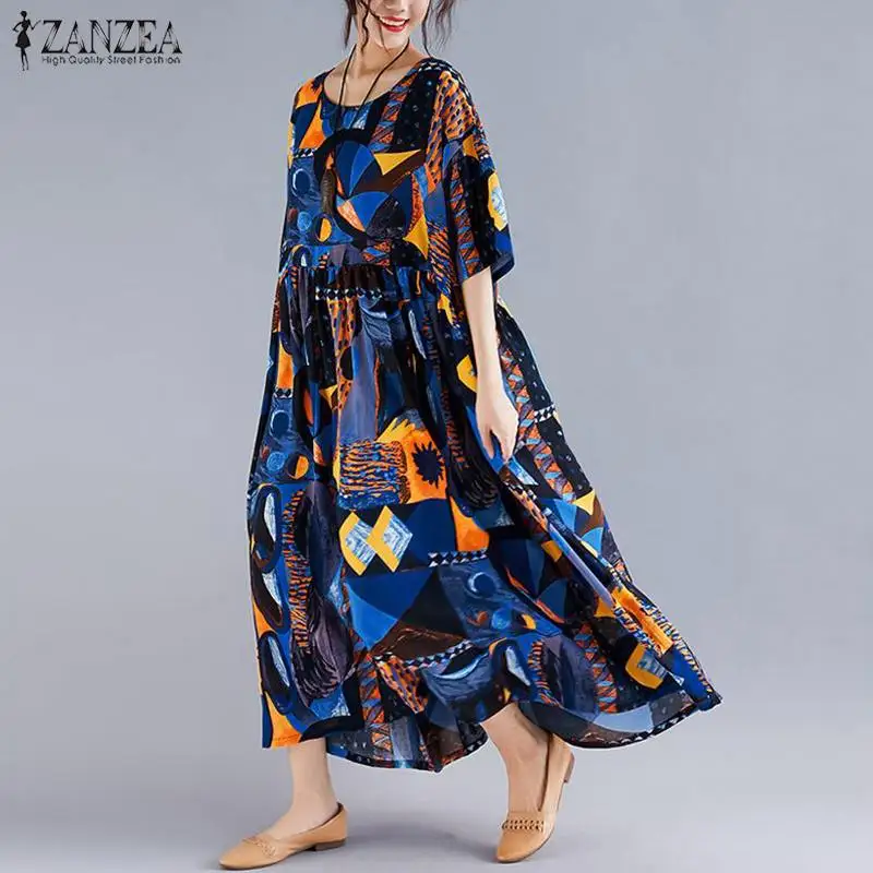 

Kaftan Summer Maxi Dress Women's Printed Sundress 2019 ZANZEA Female Casual Pleated Tunic Vestidos Short Sleeve Robe Oversized