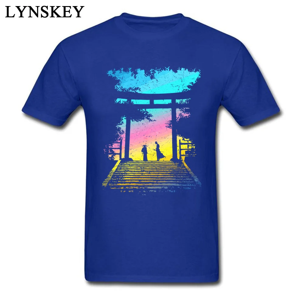 Men Tops Shirt Brand New Birthday T-Shirt 100% Cotton Round Neck Short Sleeve Normal Group Tee Shirt Top Quality Wholesale Two Samurai Ronin Ready to fight by Sunrise at the Torii gate blue