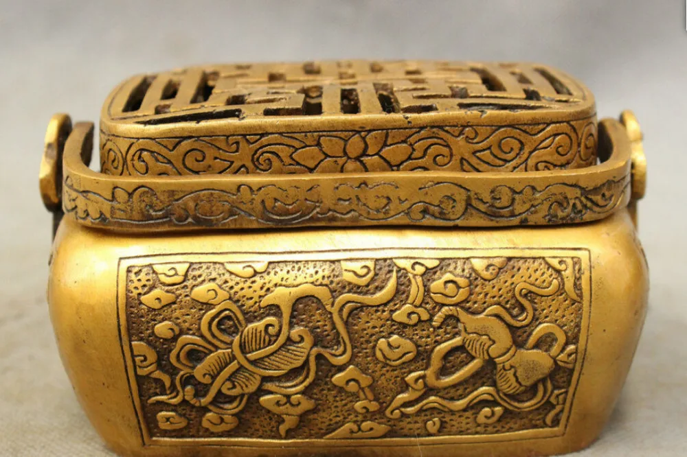 

Chinese Bronze Lucky Patterns Gourd Fan Statue Handle Incense Burner Jar Box