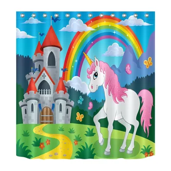 

72'' Cartoon Unicorn And Rainbow Castle Bathroom Waterproof Fabric Shower Curtain 12 Hooks Sight Blocking Bath Accessory Sets