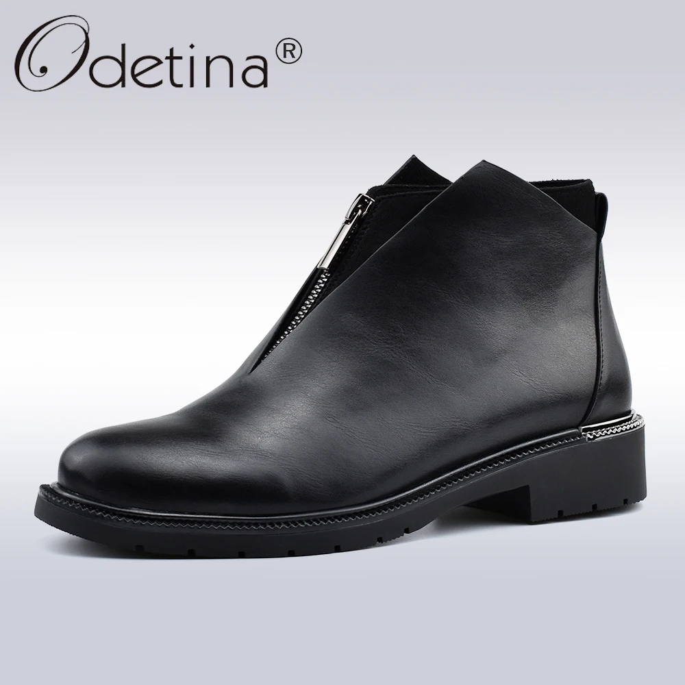 Meilleur Odetina Automne Nouvelle Mode Designer Sécurité Cheville Bottes Chaussures Pour Femmes Chunky Talon Avant Zippe Bout Rond Patchwork Femal Chaussons