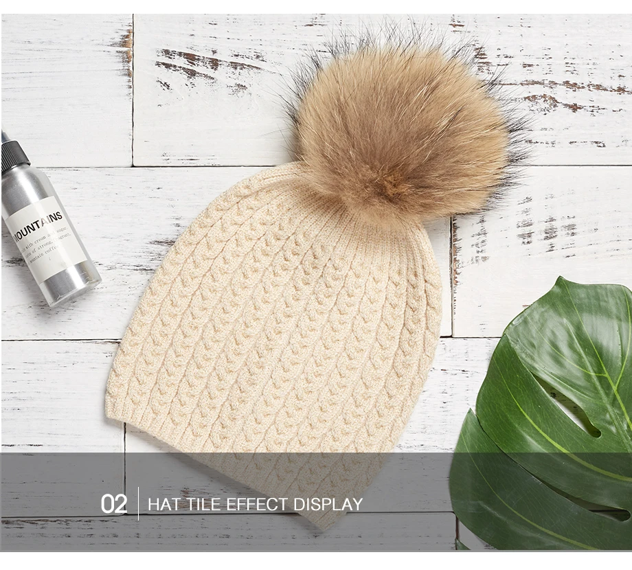 Winter Hats For Women Warm Beanie Real Fur Pompom Wool Hat Female Twist-Type Cap Bright Silk Beanies Women's Hat 5 Colors (18)