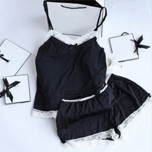 Women Pajamas Sexy Lace Silk Pyjamas Set Lingerie Clothes For Women Black Straps Pijama Ladies Bathrobe