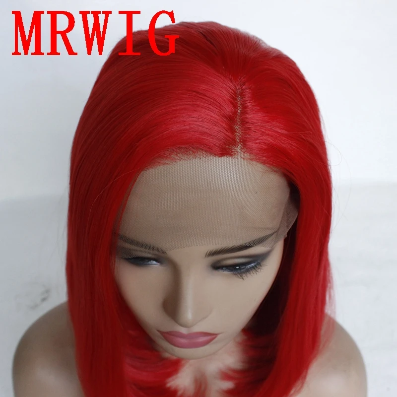 MRWIG 12in Short Bob Synthetic Lace Front Wig Left Side Part Red Hair Color for African American Woman