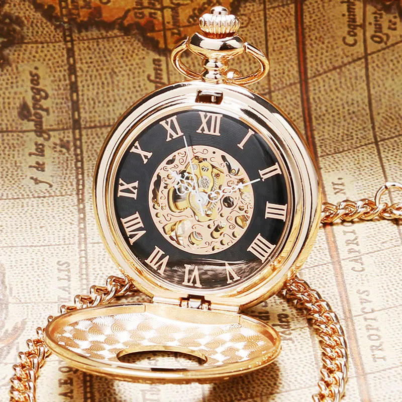 Roman Numerals Skeleton Watches Steampunk Pocket Watch With Chain Rose