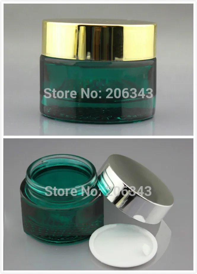 50 г зеленого стекла крем банку с серебряный/золотой крышкой, крем банку, косметические банку, косметической упаковки, стеклянная бутылка