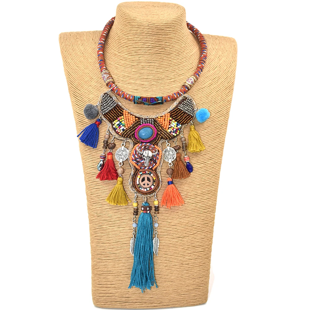 New Vintage choker bohemian necklace Multilayer Tassel beads tassel Pendant ethnic Collar Women Big Gypsy Statement Necklace