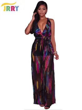 

JRRY Casual Deep V Neck Ruffles Sashes Women Jumpsuit Sleeveless Top Loose Split Pants Ladies Romper Overall