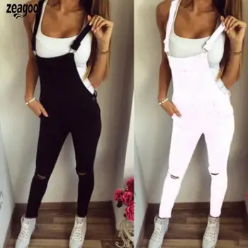 

Women Casual Solid Hole Pocket Ankle Length Long Spring, Summer, Autumn Loose Bib Pants Jeans Medium Waist