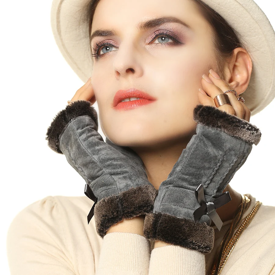Women Leather Gloves Fingerless Gloves Woman True Suede Plus Thick