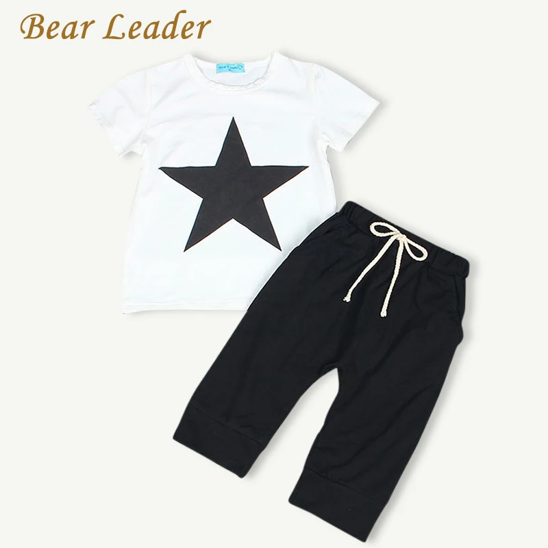 Bear Leader Baby Clothing Sets 2016 Summer Style Baby Girls Boys Clothes Black Letter T-shirt+Imitation cowboy pants 2pcs suit