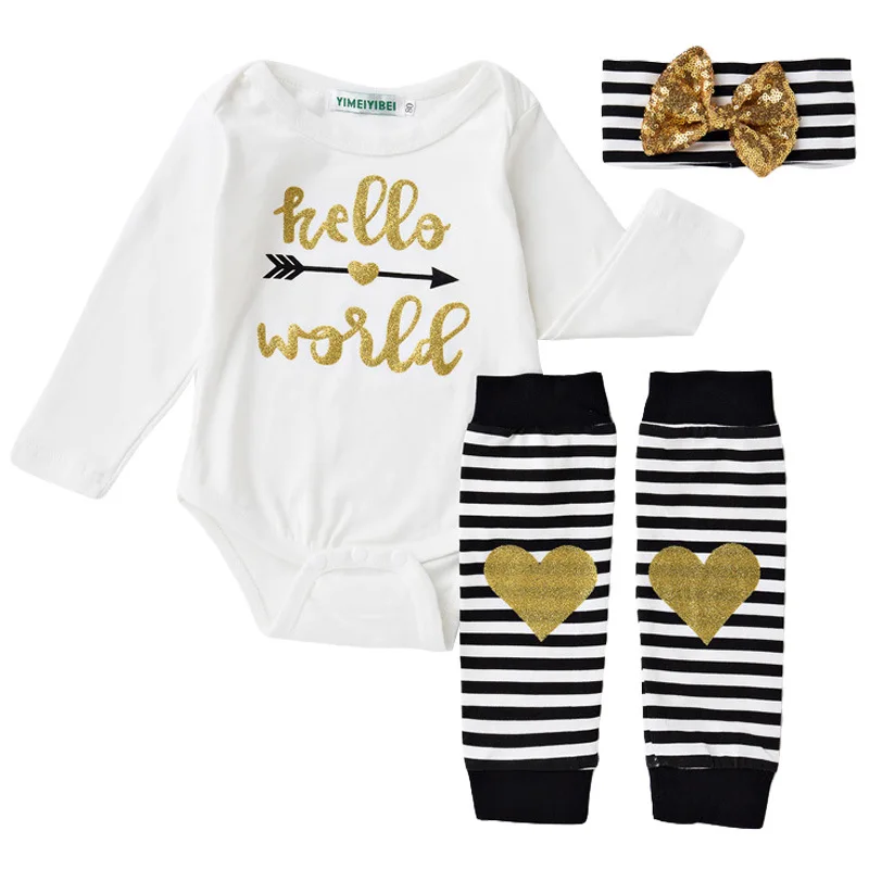 

Newborn Baby Rompers Sets 3PCS Hello World Rompers Long Sleeve Baby Top Sequined Leg Warmer Bow Infant Outfits Autumn Baby Set
