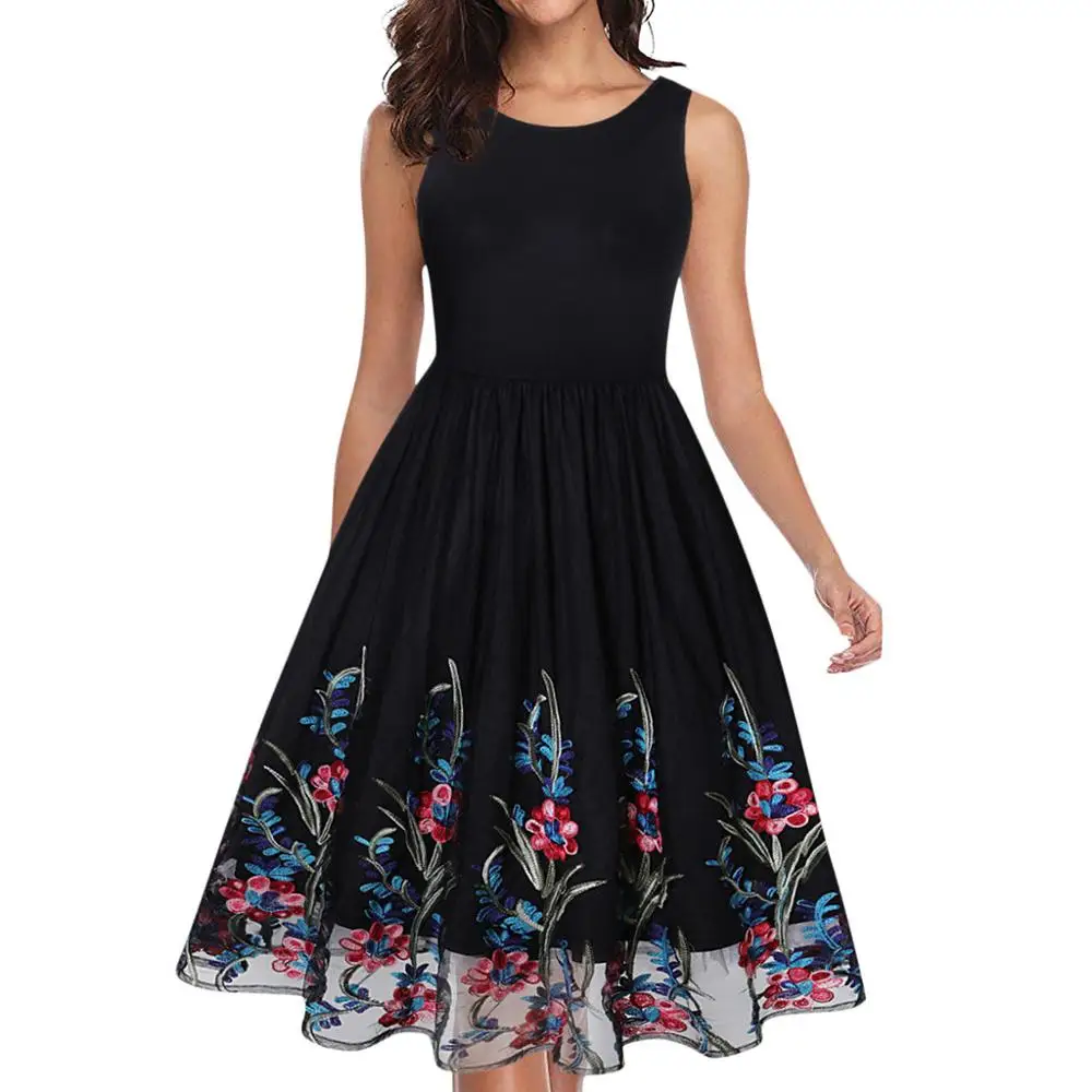 

Hot Selling Women Summer Formal Lady Print Sleeveless O-Neck Holiday Party Dress 2019 New Fashion Elegant Ladies Dresses #D