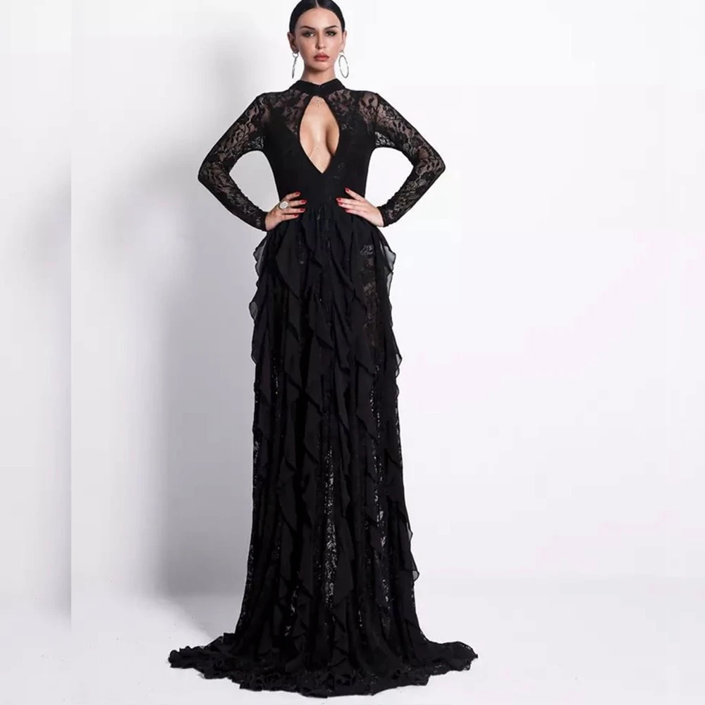 

Neweat Black Long Sleeve Sexy Elegant 2018 Women Long Mermaid Maxi Lace Dress Evening Celebrity Vestido party Hollow Out Fashion